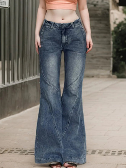 Blue Low Rise Flared Jeans Streetwear y2k Baggy Patchwork Denim Pants 90s Aesthetic Mom Jeans Korean Style Casual Pants