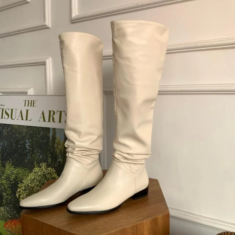 Hot Girls Knee- High Boots Slip On Simple Pleated Microfiber Winter Botas Big Girth Spring Autumn Modern Woman Boots Size 43