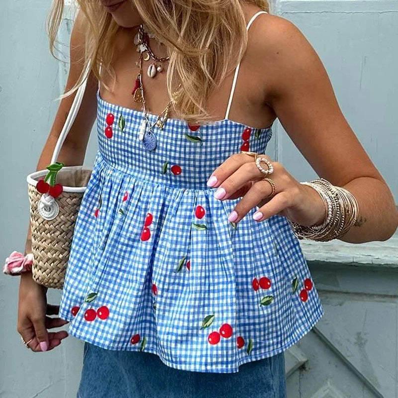 Backless Tie Up Crop Tops Cherry Plaid Print Peplum Camisole Summer Holiday Sweet Cute Milkmaid Tank Vest Y2K Clothes