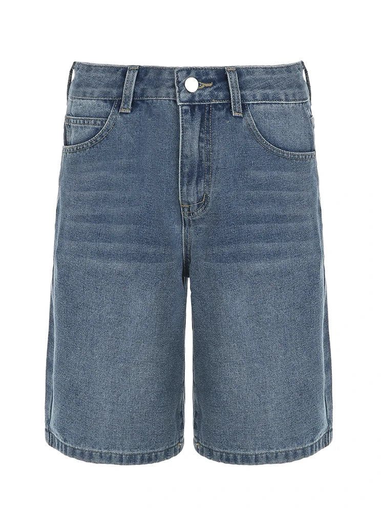 Blue Baggy knee-length Jeans Streetwear y2k High Waist Loose Mid-length Jeans for Women Summer Casual Basic Denim Pants
