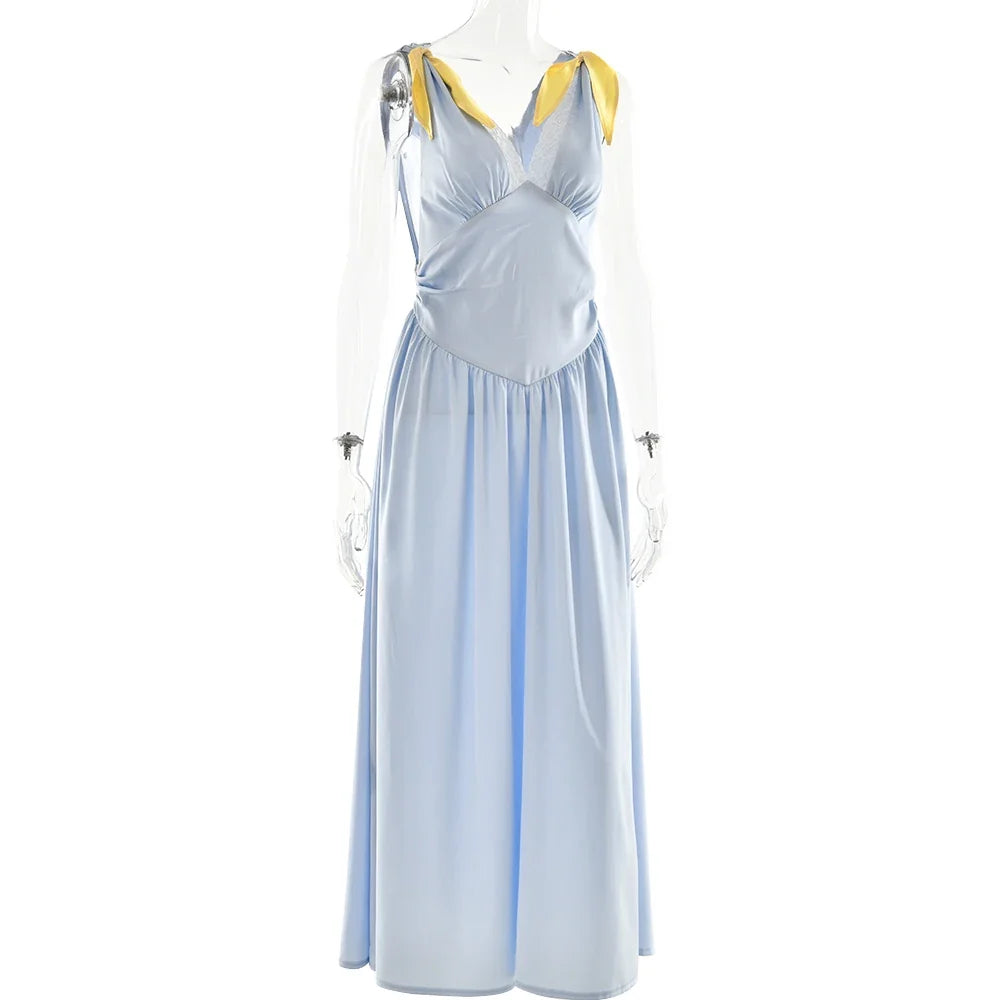 Patchwork Satin Deep V-neck Lace Bow Women Maxi Dress Backless Lace Up Dress Summer Slim Elegant Party Evening Dress