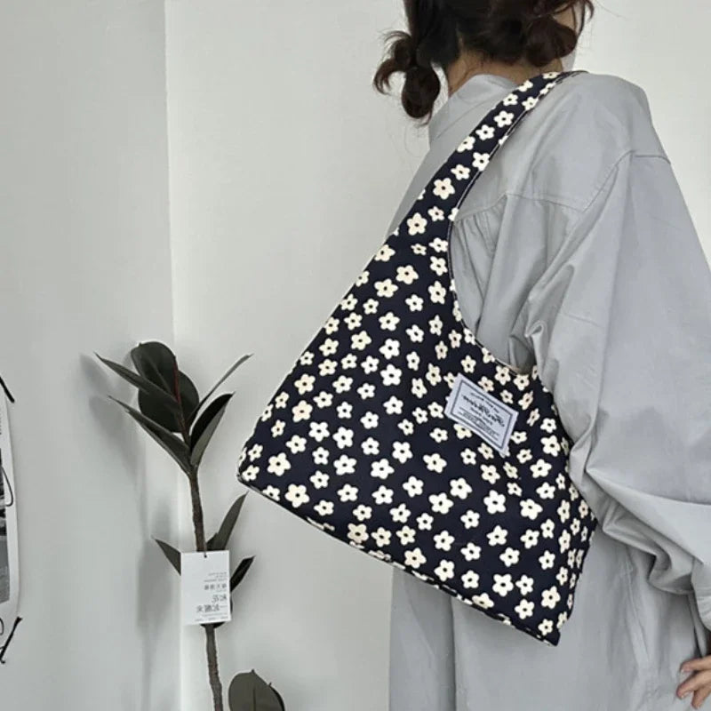 Vintage Sweet Flower Print Tote Bag Office Lady Fashion Fairy Chic Women Handbags All Match Canvas Casual Shoulder Underarm Bag