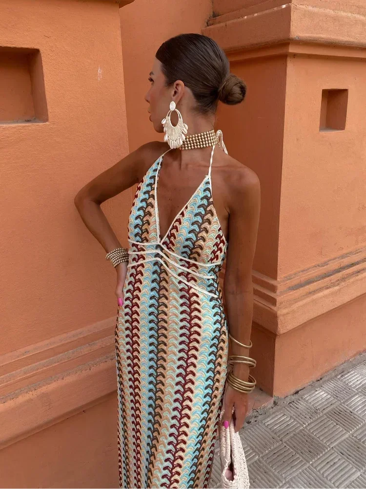 Halter Deep V Neck Multi Strap Crochet Chevron Maxi Dress