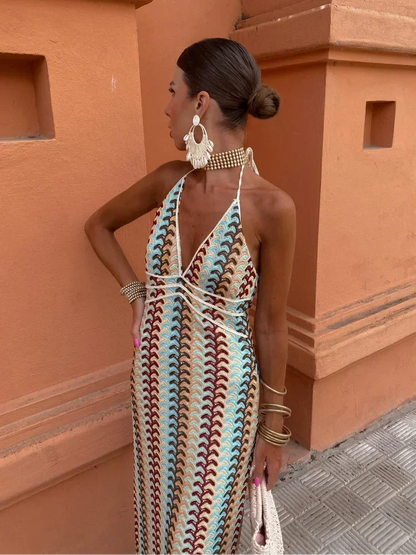 Halter Deep V Neck Multi Strap Crochet Chevron Maxi Dress