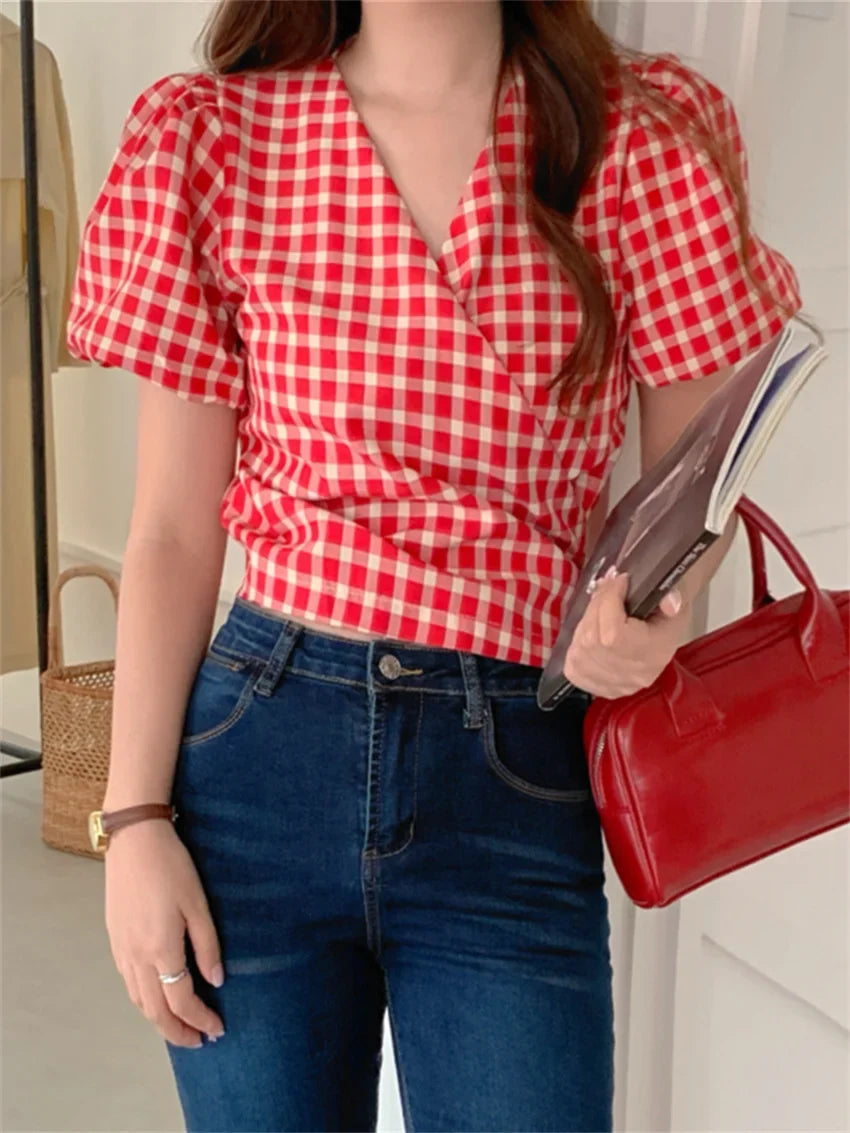 High Sweet Shirts Plaid Women Sweet V-Neck Slim New Casual Summer Short Puff Sleeve Office Lady Chic Daily