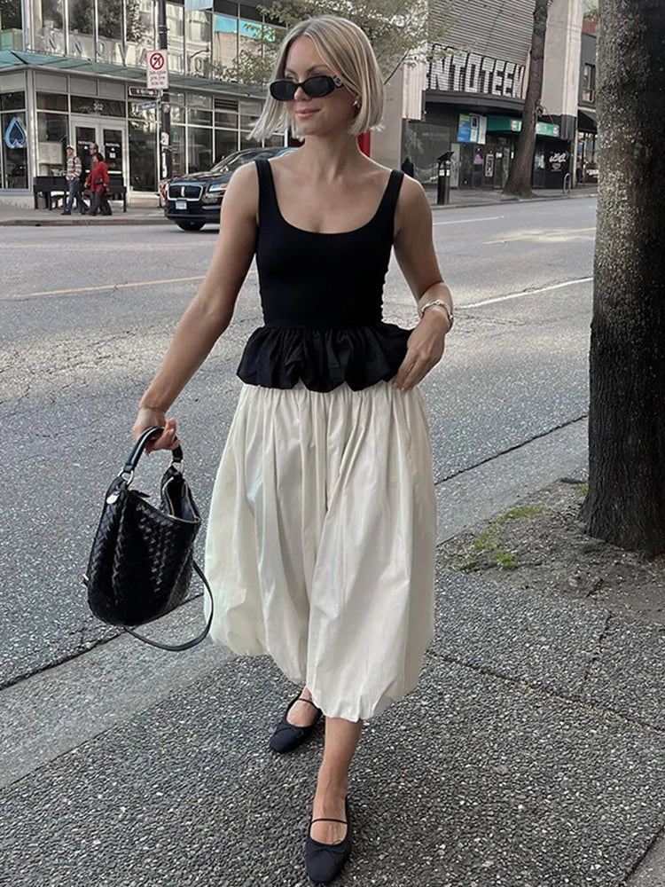 Solid Color Fold Skirts For Women Elastic High Waisted With Pocket Loose Fashion Patchwork Summer New Long Skirt Female