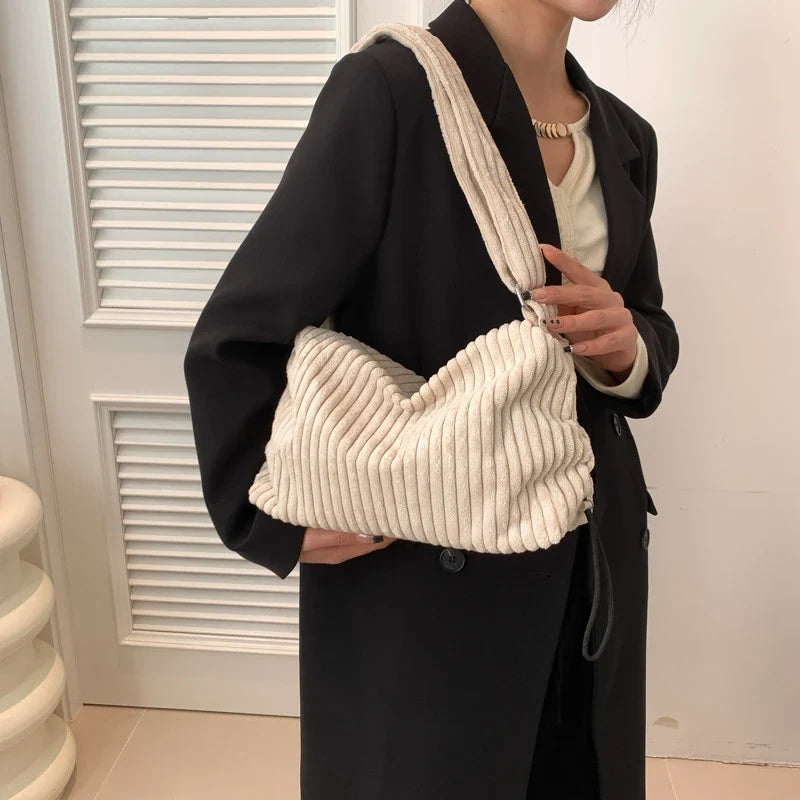 Beige Corduroy Bag For Women Simple Shoulder Bag Versatile Shopper Underarm Handbag Purse Zipper Small Messenger Bag Travel