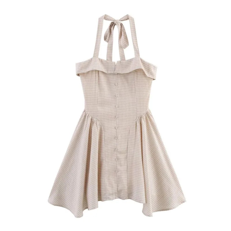 Summer New Khaki Plaid Fashion Short Dress High Waist A-line Hanging Neck Summer Dress Y2K Sweet Chic Woman Clothing