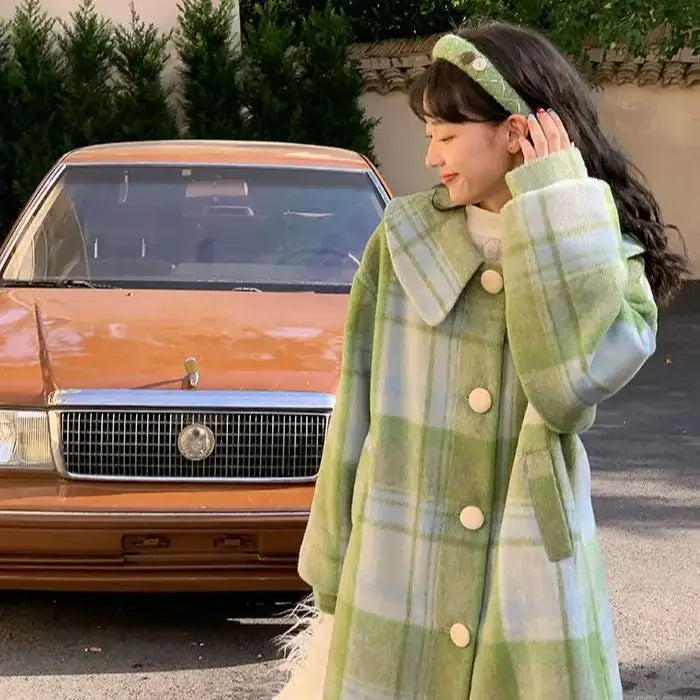Woolen Coat Loose Fit Plaid Green Button Design Doll Collar Big Size Long New Long Sleeve Women Fashion Tide Autumn Winter