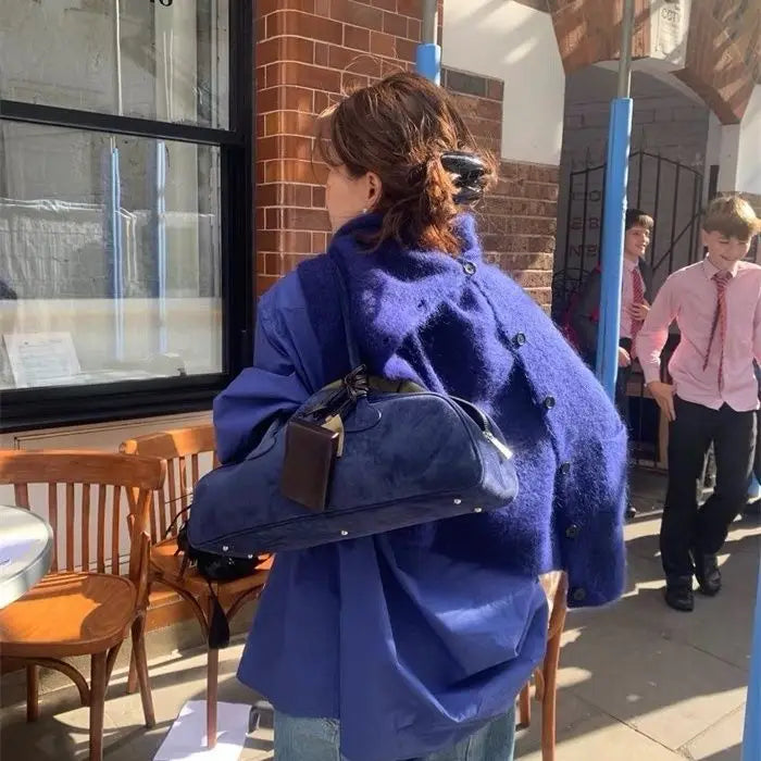 women's bag Korean Instagram new blue suede bags retro single shoulder fashionable versatile underarm bag