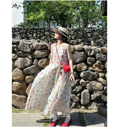 Gradient Floral Print Sleeveless Vest Dress Women's Summer Casual Cotton Long Dress Commute Style A-Line Silhouette