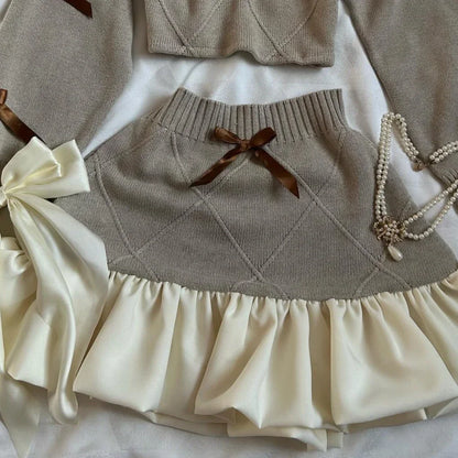 Y2K Knitted Splicing Short Skirt Two Piece Set Women Knitted Long Sleeved Sweater Cute Bow Mini Pleated Skirt Autumn Winter Suit