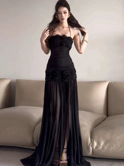 Patchwork Mesh Maxi Dress Women High Slits Folds Halter Bandage Backless Sleeveless Elegant Temperament Banquet Vestidos