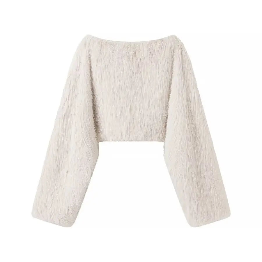 Temperament White Women Imitation Fur Jacket Round Neck Short Full Sleeve Female Faux Fur Coat Instagram-Style Lady Eco Fur Coat