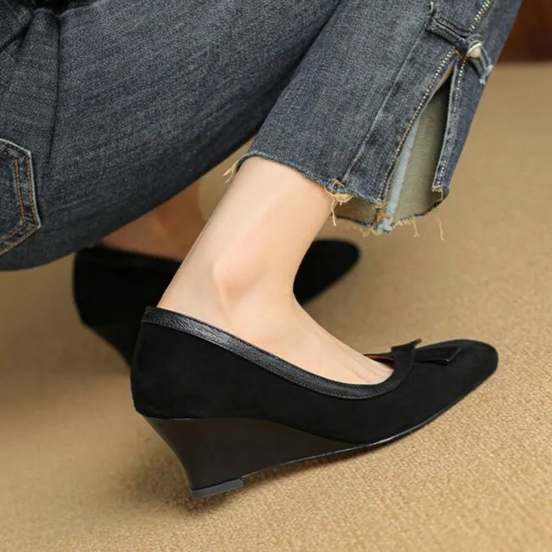 Women's Wedges Pumps Faux Suede Boat Shoes High Heels Slip on Dress Shoes Autumn Bow Boat Shoes for Zapatos Mujer 1861