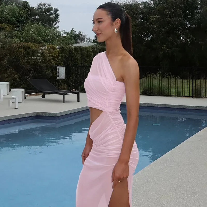 One Shoulder Mesh Draped Crop Top High Slit Maxi Skirt Set