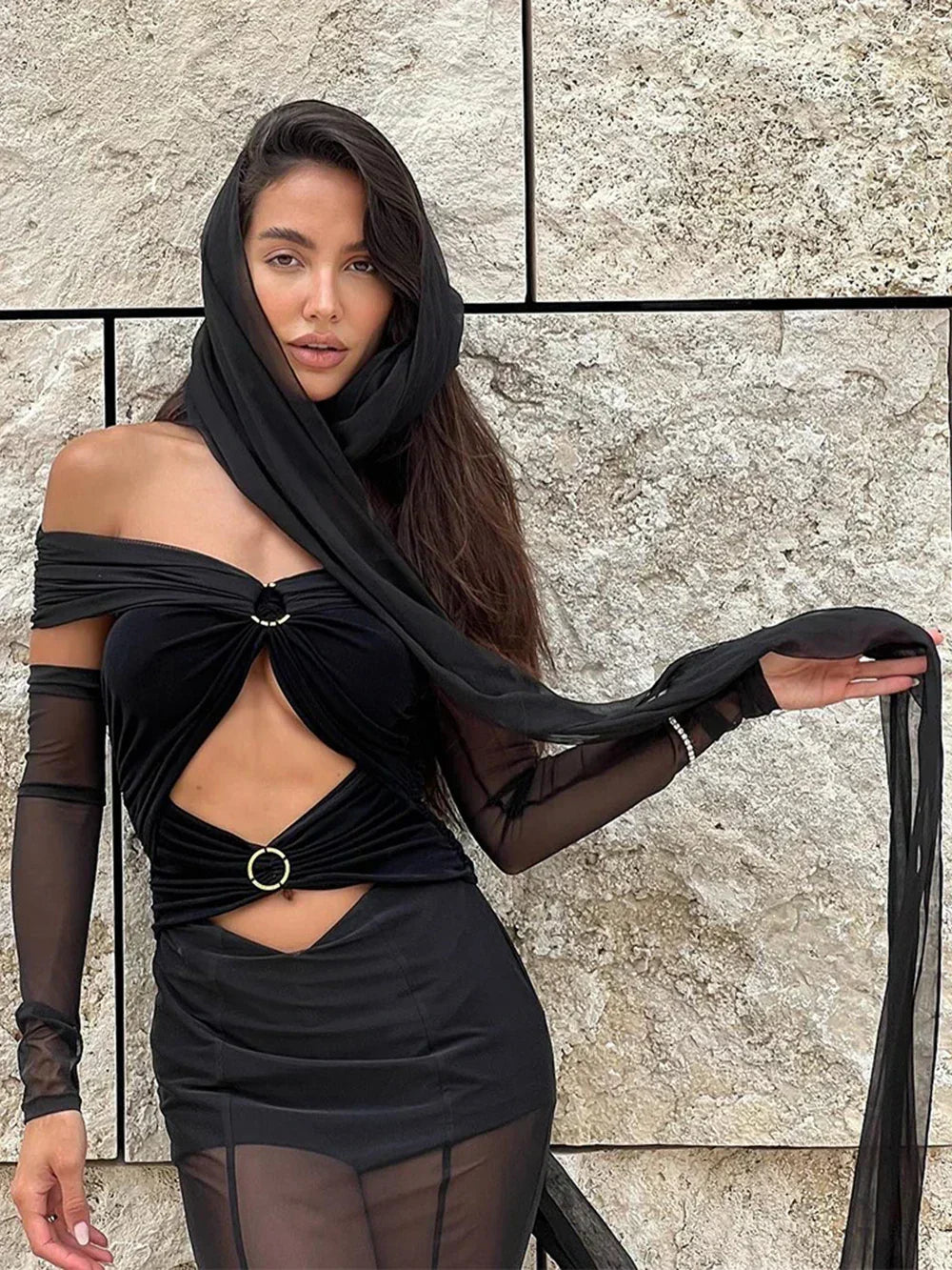 Off Shoulder Mesh Ring Buckle Cutout Hooded Cape Maxi Dress