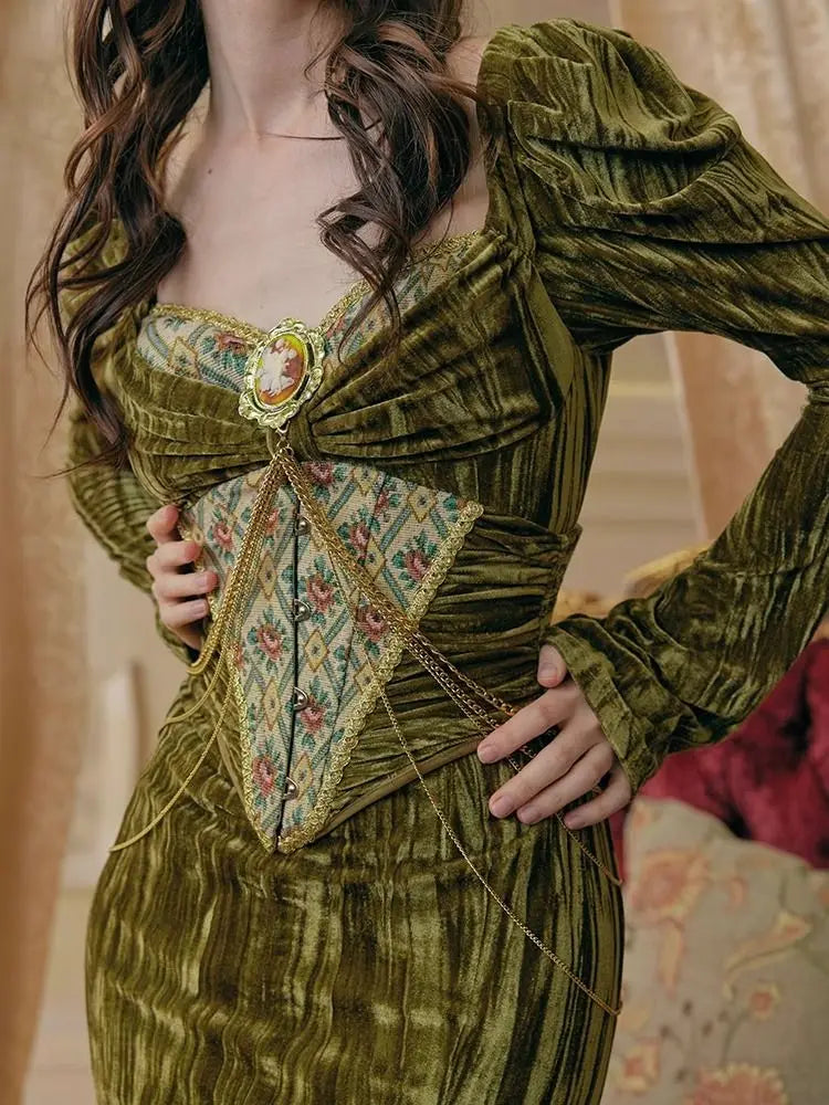 Autumn and Winter New Retro Green Velvet Fishbone Dress Fishbone Waist Seal Mature Skirt（Without A Chain）