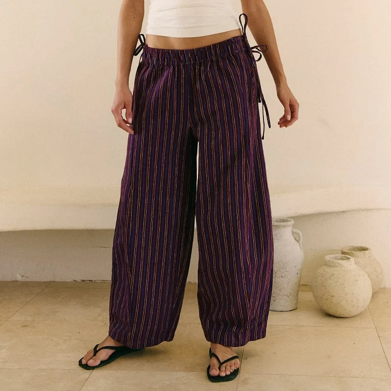 Women Drawstring Striped Wide Leg Pants Summer Causal Barrel Loose Elastic Low Waist Palazzo Harem Pants Trousers