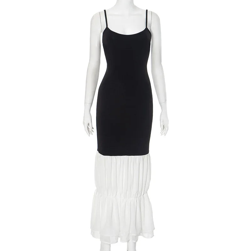 Spaghetti Strap Scoop Neck Asymmetric Waist Tiered Ruffle Hem Maxi Dress