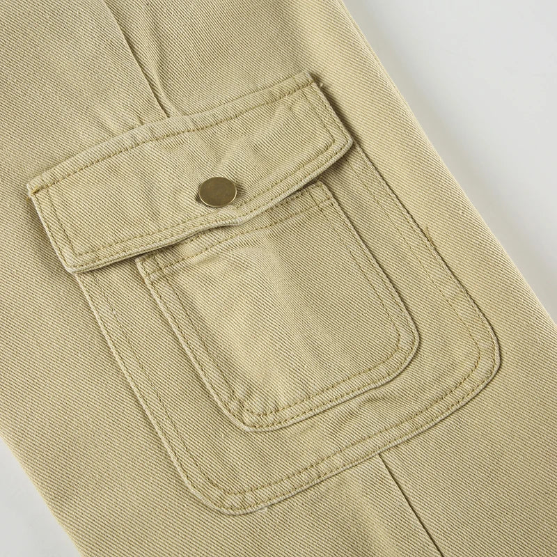Y2K Casual Women Straight Jeans Khaki Fashion Pocket Cargo Pants Retro 90s Loose Denim Trousers Spring High Street