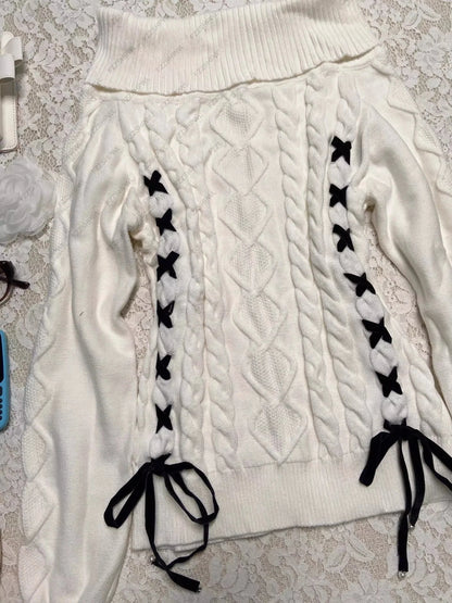 Millennium y2k white lace-up one-shoulder lapel sweater for women's autumn and Winter 2025 new style American retro knitted top