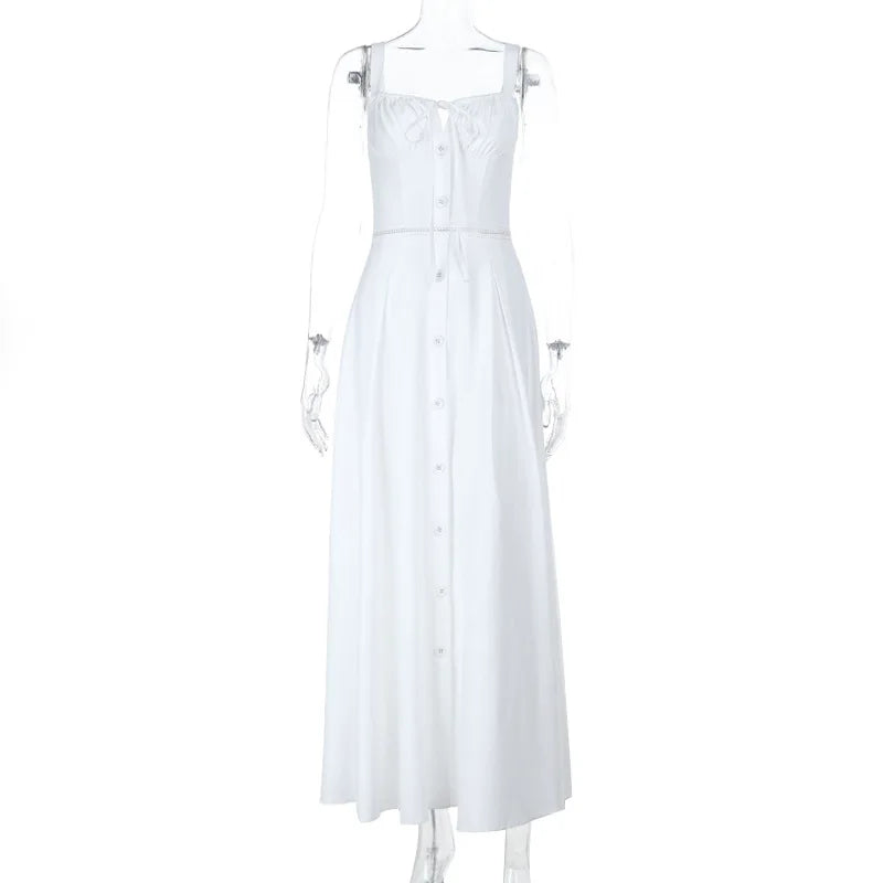 Women's Elegant White Lace-up Square Neck Spaghetti Strap Sleeveless Hollow Waist Slim A Line Long Vacation Summer Dress