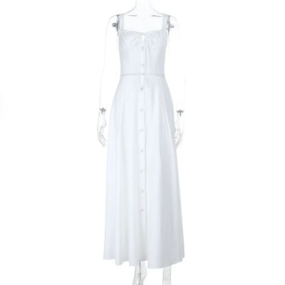 Women's Elegant White Lace-up Square Neck Spaghetti Strap Sleeveless Hollow Waist Slim A Line Long Vacation Summer Dress