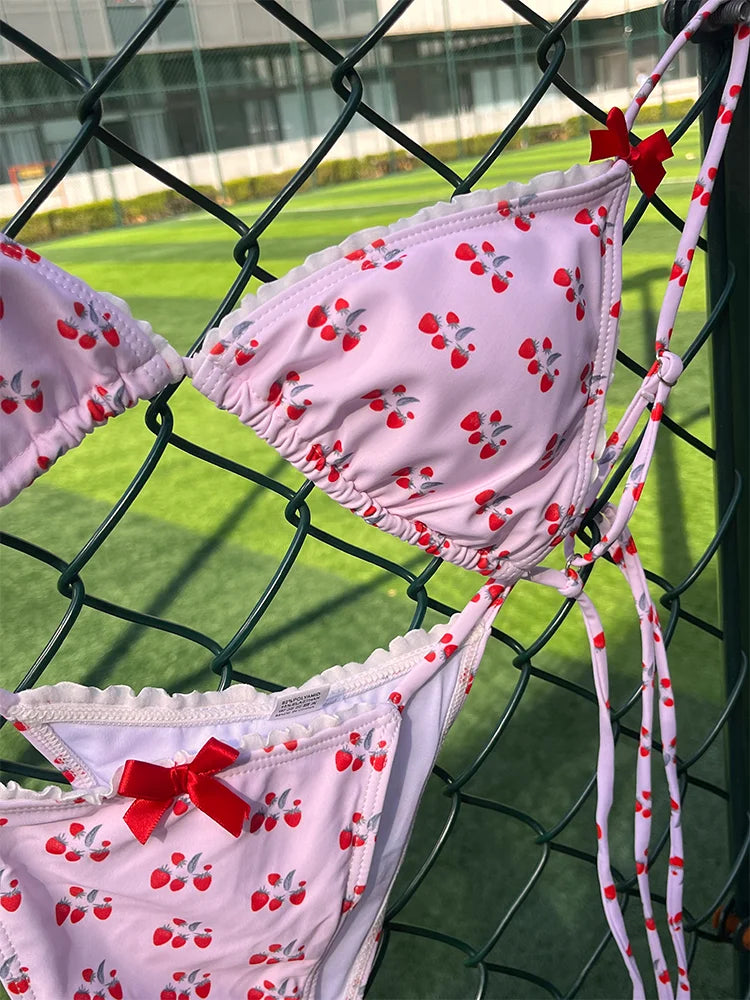Pink Bikini Sexy Swimwear Print Swimsuit Women 2024 Bow Bathing Suit Summer Biquini Thongs Bandage Beachwear New