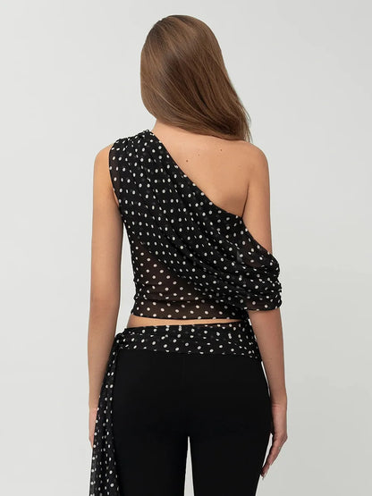 Black Polka Dot Sexy Asymmetric Blouse Women Sheer Mesh One Shoulder Draped Crop Top Women's Date Night Party Club Top