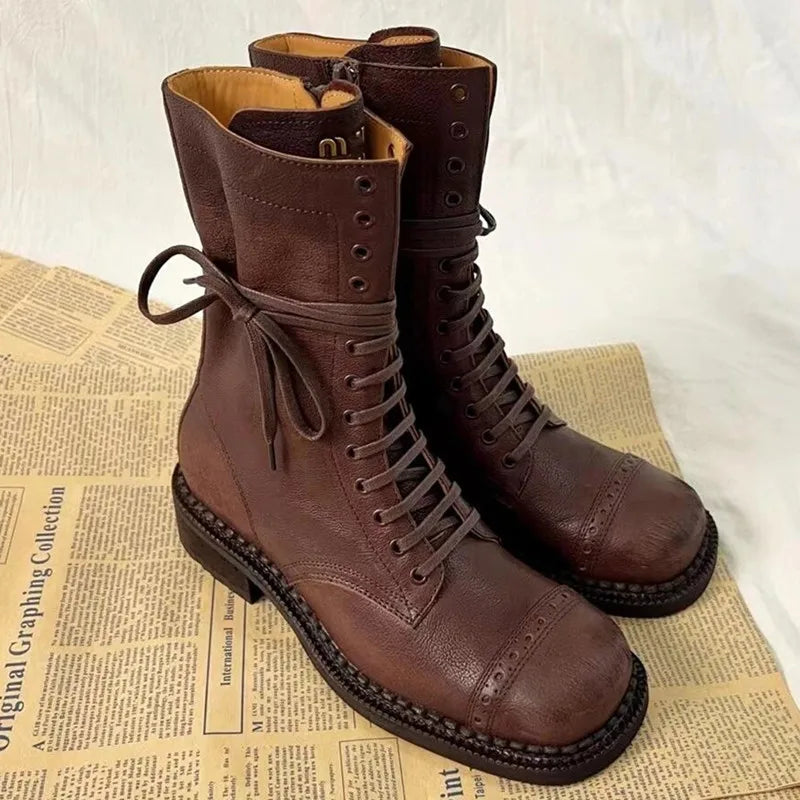 Designer Luxury Brand Martin Boots Women Side Zipper Mid Heel Lace-up Round Toe Female Shoes Runway Solid Color Motorcycle Boots