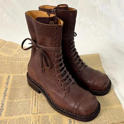 Designer Luxury Brand Martin Boots Women Side Zipper Mid Heel Lace-up Round Toe Female Shoes Runway Solid Color Motorcycle Boots