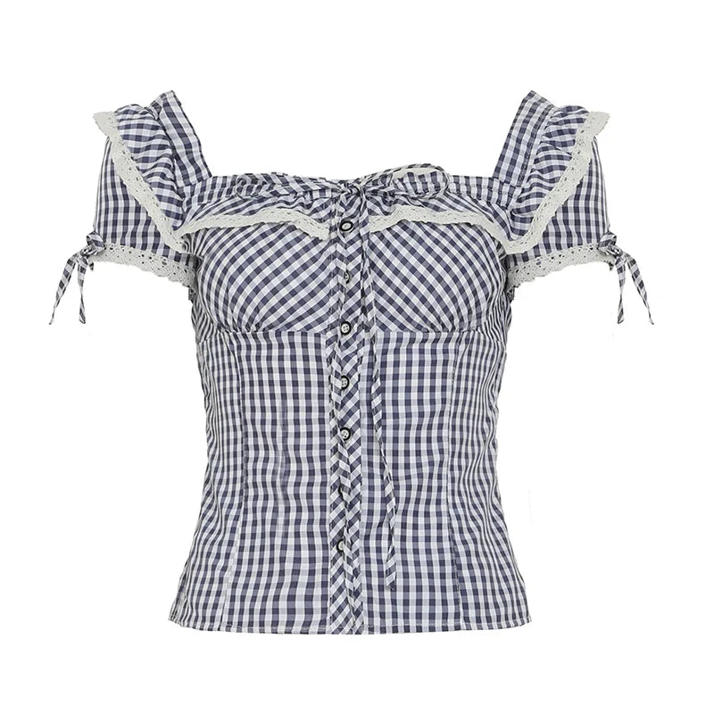 Jacquard Lace Trim Square Collar Shirt Women's Summer Button-up Short Sleeve Tops Coquette Aesthetic Slimming Shirts