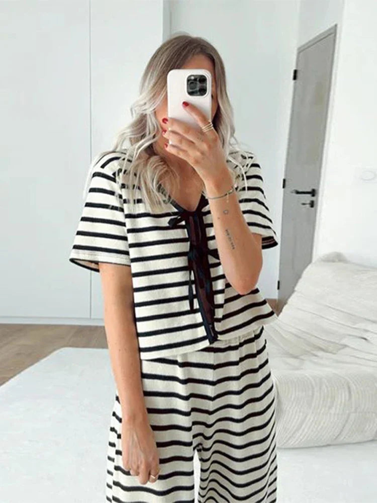 Casual Striped Lace Up Shirt Long Pant Set Women Versatile Loose Full Sleeve Open Shirts Wide Leg Pants Sets Female Chic Outfits
