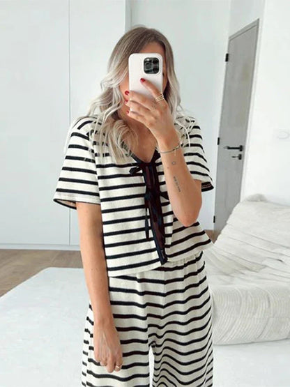 Casual Striped Lace Up Shirt Long Pant Set Women Versatile Loose Full Sleeve Open Shirts Wide Leg Pants Sets Female Chic Outfits