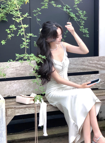 White Satin Spaghetti Strap Long Dresses for Women Summer New Elegant Party Sweet Sleeveless Female Clothing Holiday Casual