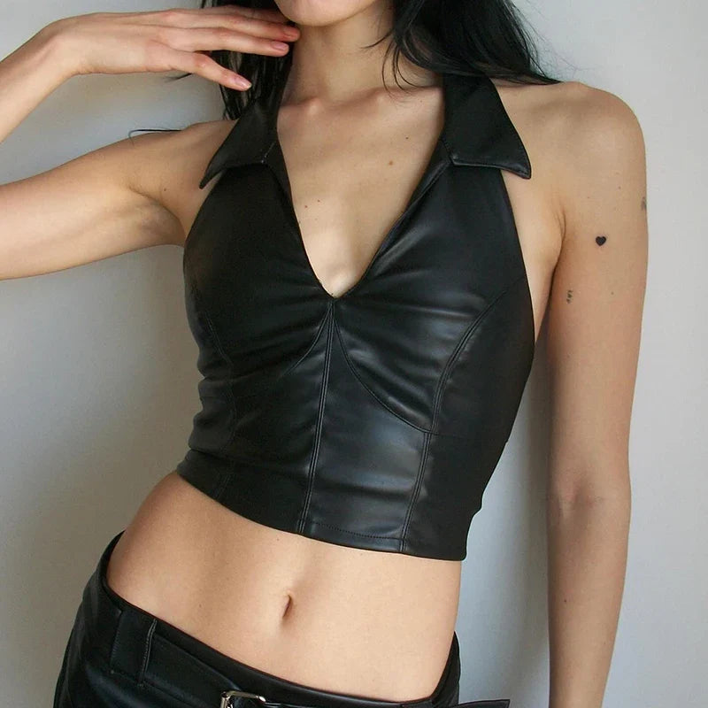 Gothic Halter V-neck Faux Leather Vest Y2K Backless Zipper Black Slim Crop Top Punk Style Women Sexy Tank Camis 90s