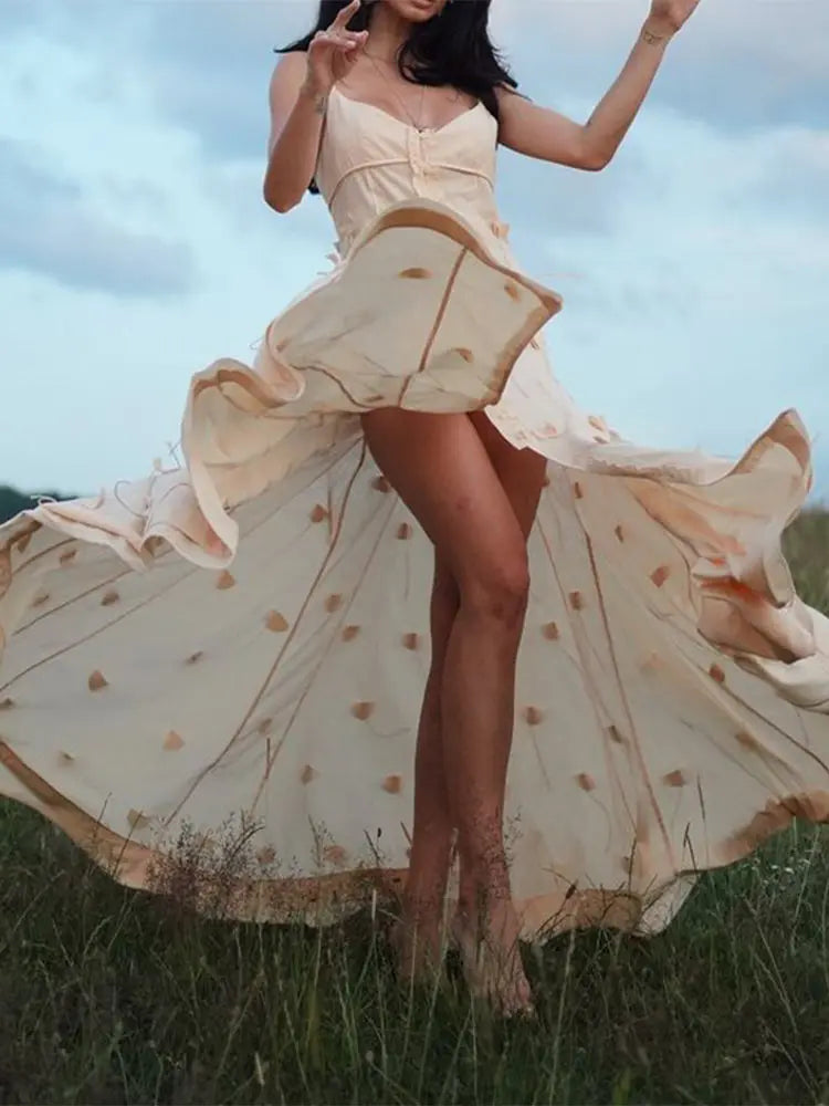 Fashion 3d Flower Women Sling Maxi Dress Elegant V-neck Backless Split A-line Dresses 2024 Summer Lady Solid Beach Party Robes