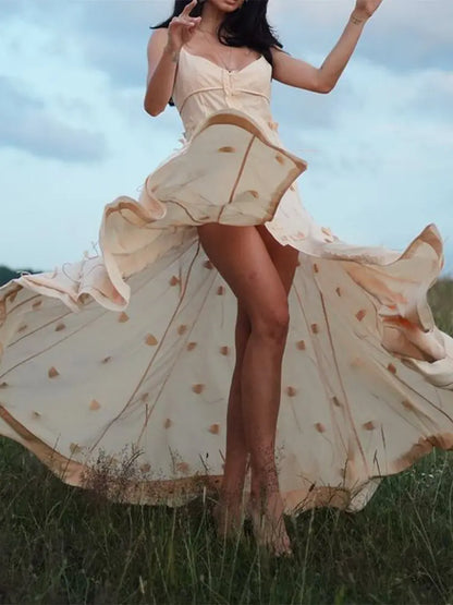 Fashion 3d Flower Women Sling Maxi Dress Elegant V-neck Backless Split A-line Dresses 2024 Summer Lady Solid Beach Party Robes