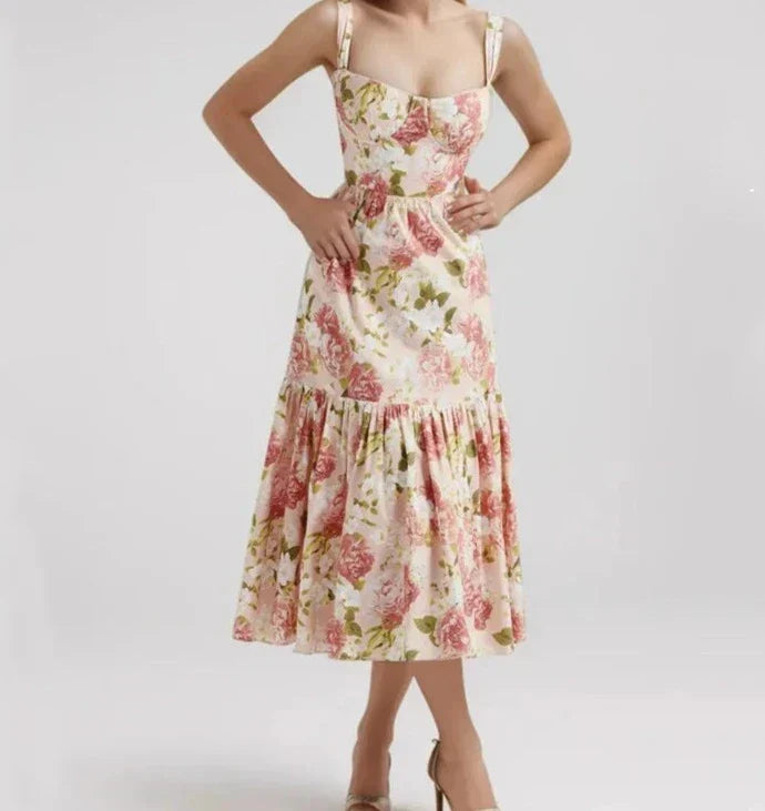 Sweetheart Bustier Wide Strap Floral Drop Waist Ruffle Midi Dress