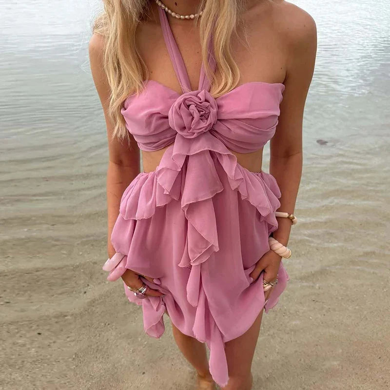 Girls Cute Edge Ruffles Loose Halter Dress 2025 Women Solid Color Waist Hollow Mini Dress Vestidos Tie-up Backless Beach Dress