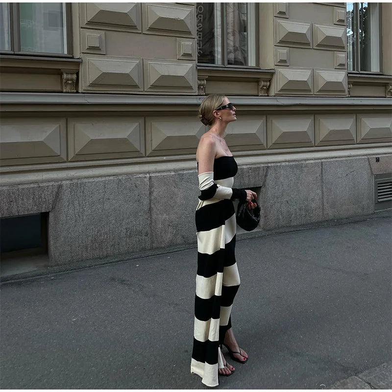 Elegant Striped Knit Cardigan Dress Women Outfit Long Sleeve Button Jacket Tube Sleeveless Dresses Spring Autumn Lady Set