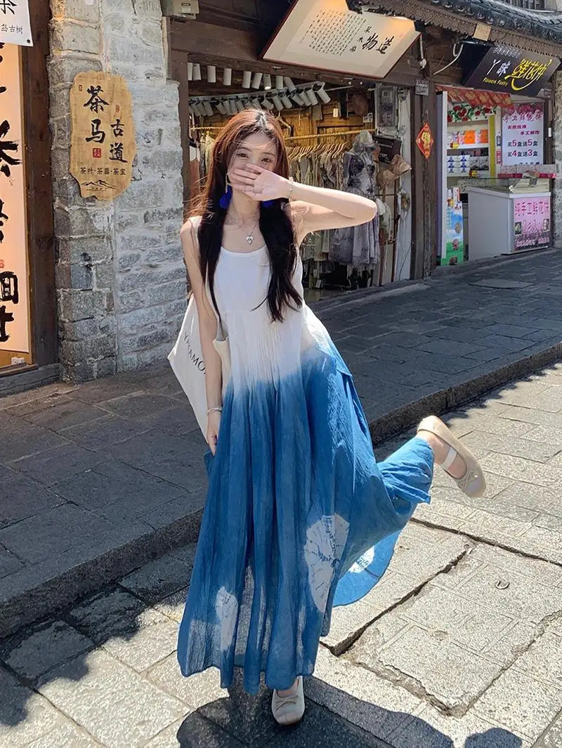 Holiday Style Tie Dyeing Blue Strap Camsiole Dress Summer Ethnic Style Temperament Sleevleess A-line Beach Long Dress for Women