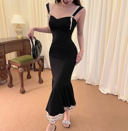 Sweetheart Double Strap Ruffle Trim Mermaid Hem Midi Dress