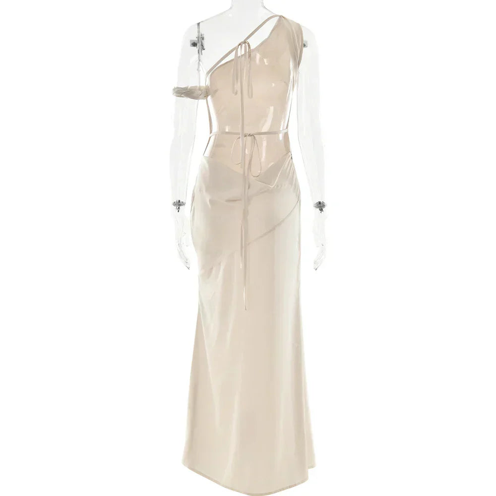One Shoulder Side Cutout Tie Strap Satin Draped Backless Maxi Gown
