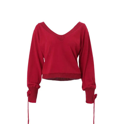 Crochet Flower Tassel Knitted Women's Pullover V-neck Long Sleeve Solid Color Sweater Fashion Casual Loose Retro Women Sweaters