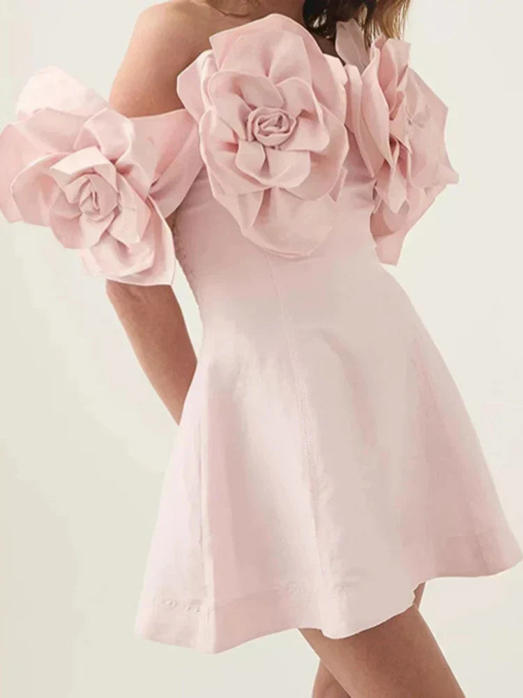 Off Shoulder 3D Floral Rosette Applique Fit Flare Mini Dress