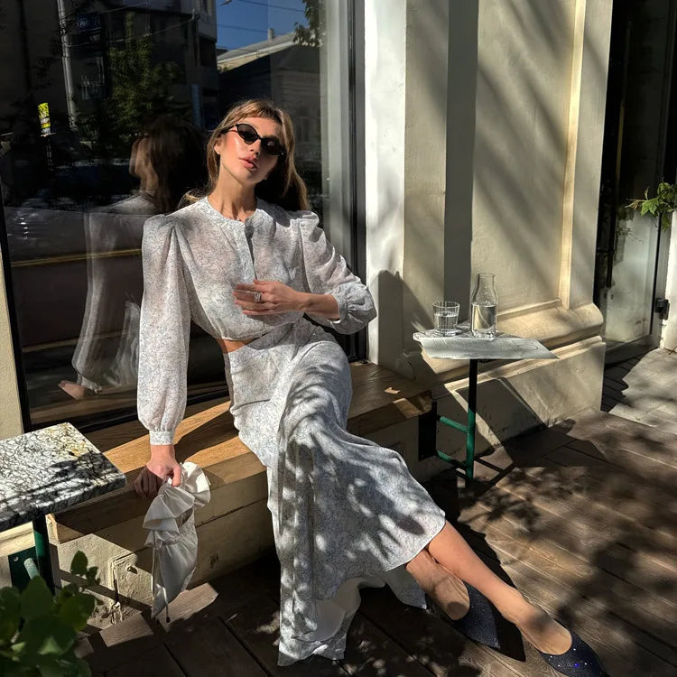 Commute Printed Female 2 Piece-Set Long Skirt Patchwork High Waist Short Top And Slim Maxi Skirt Sets New Women's Outfits