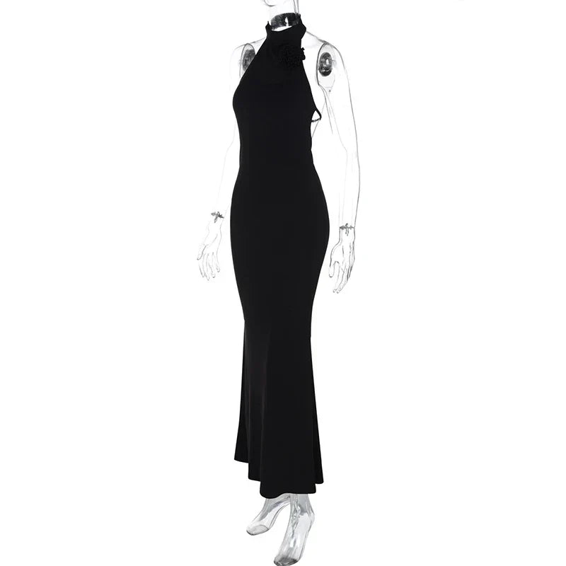 Mock Neck Halter 3D Floral Applique Bodycon Maxi Dress