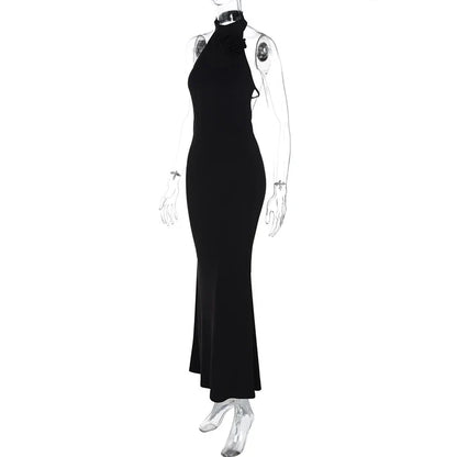 Mock Neck Halter 3D Floral Applique Bodycon Maxi Dress
